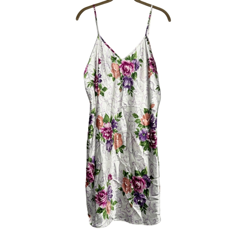 Vintage Dentelle Floral Print Nightgown‎ White Purple Pink Polyester XL